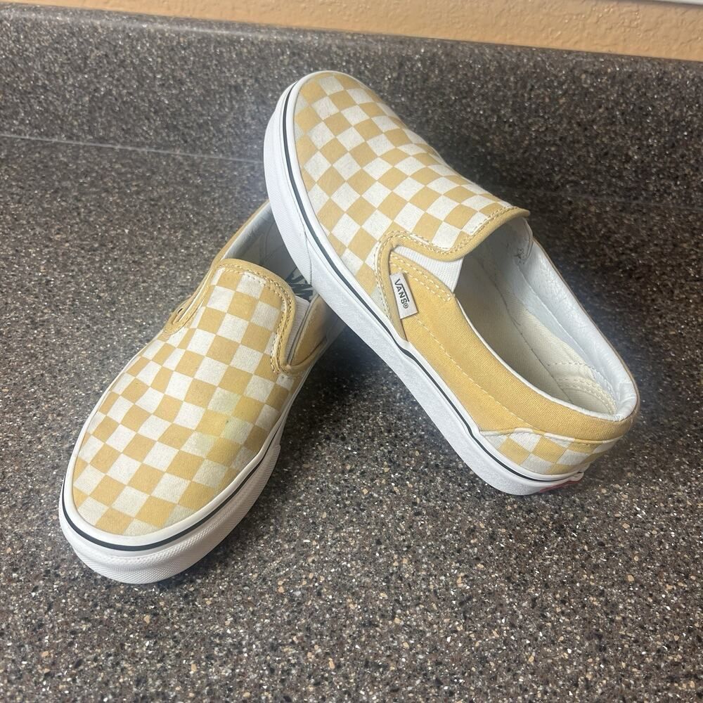 Vans Classic Slip On Skate Shoes Canvas Yellow Check Print Womens Sz 7.5 Sneaker